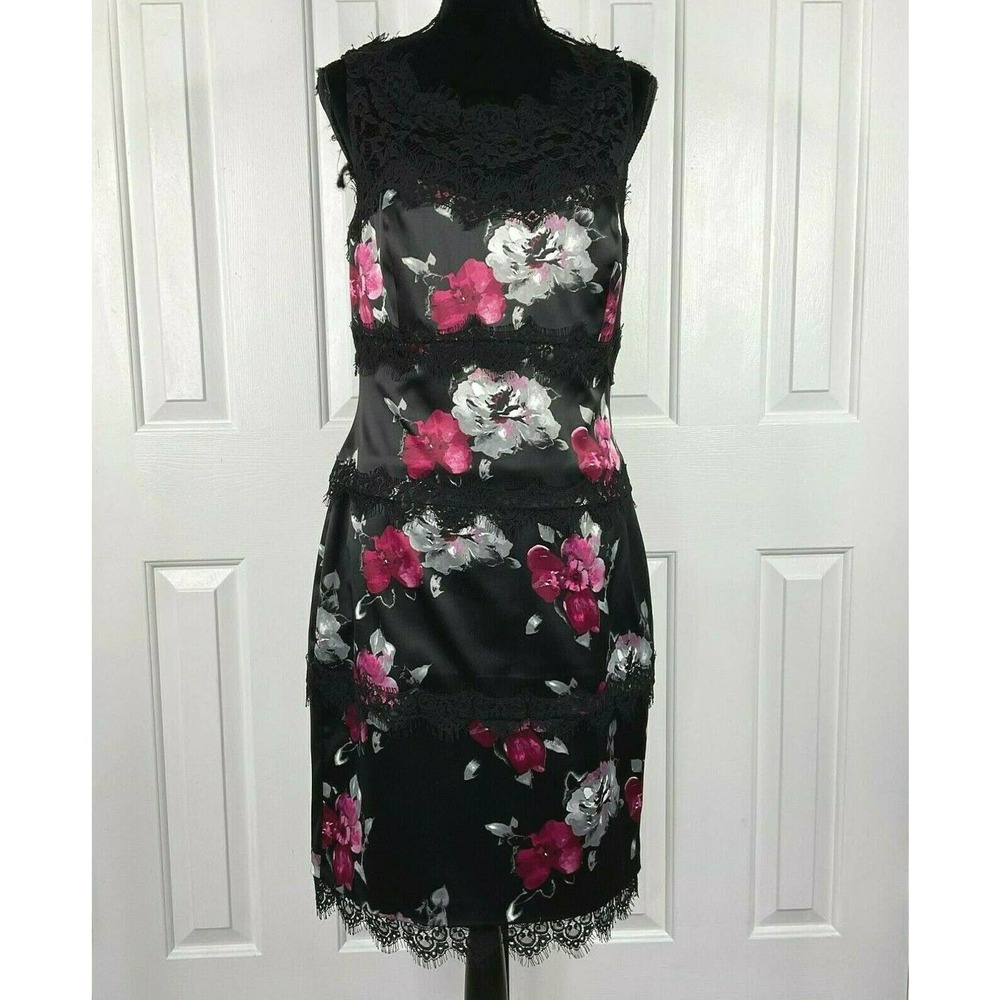 White House Black Market Dress Floral Satin Shoulder and Hem Lace Black 12 - NEW